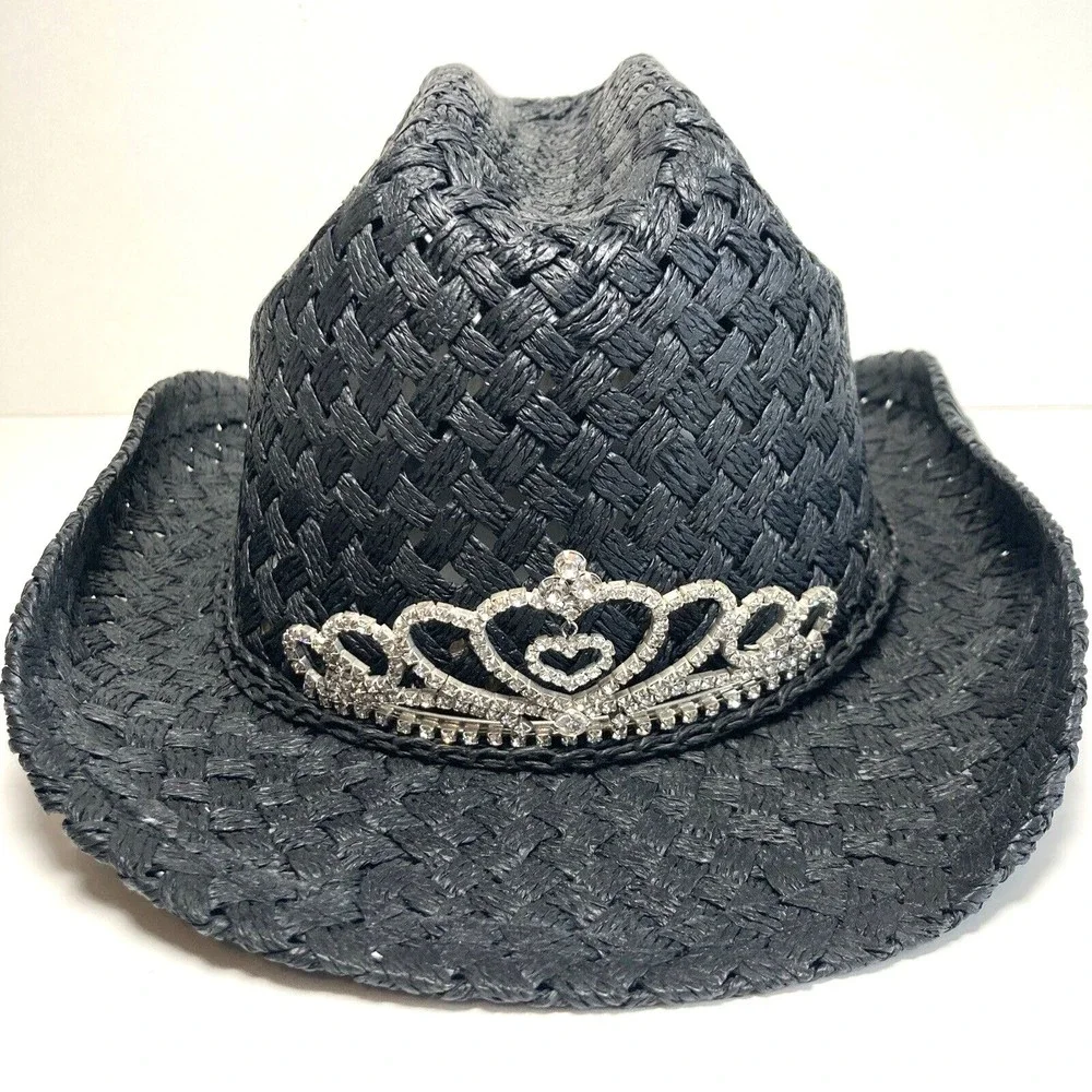 Black Straw Girls Rodeo Cowboy Hat W/ Tiara Elastic Band Inside Comfort Fit